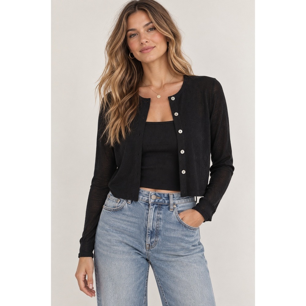 IVORY Women's Medium Black Button Front Cardigan Lightweight Cropped Sheer Knit